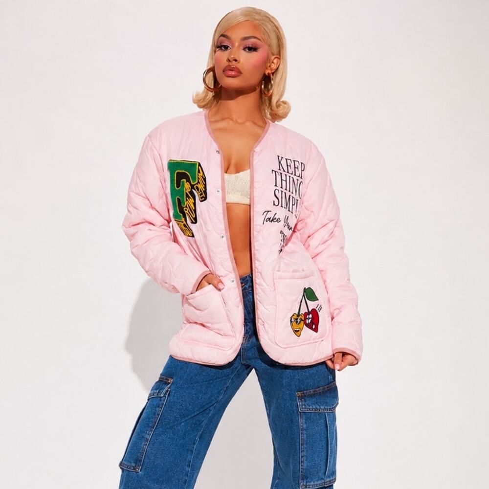 First Row Pink Quilted Jacket Small NWT Varsity Embroidered